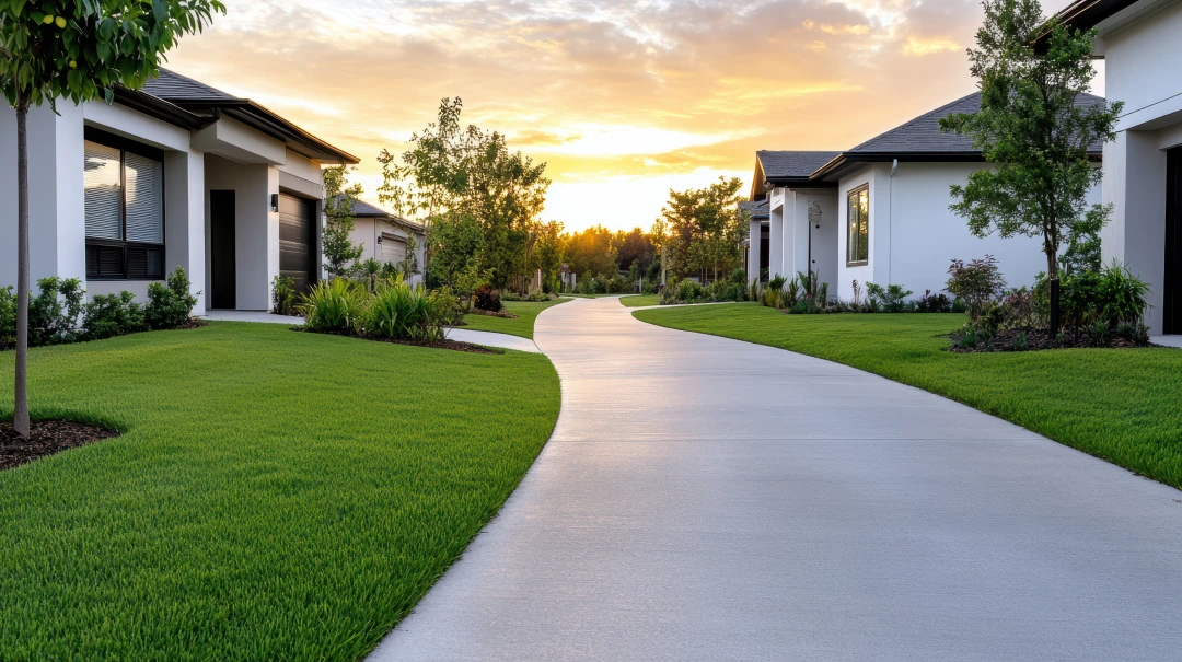 a walkway in front of a house with grass and trees free photo 1