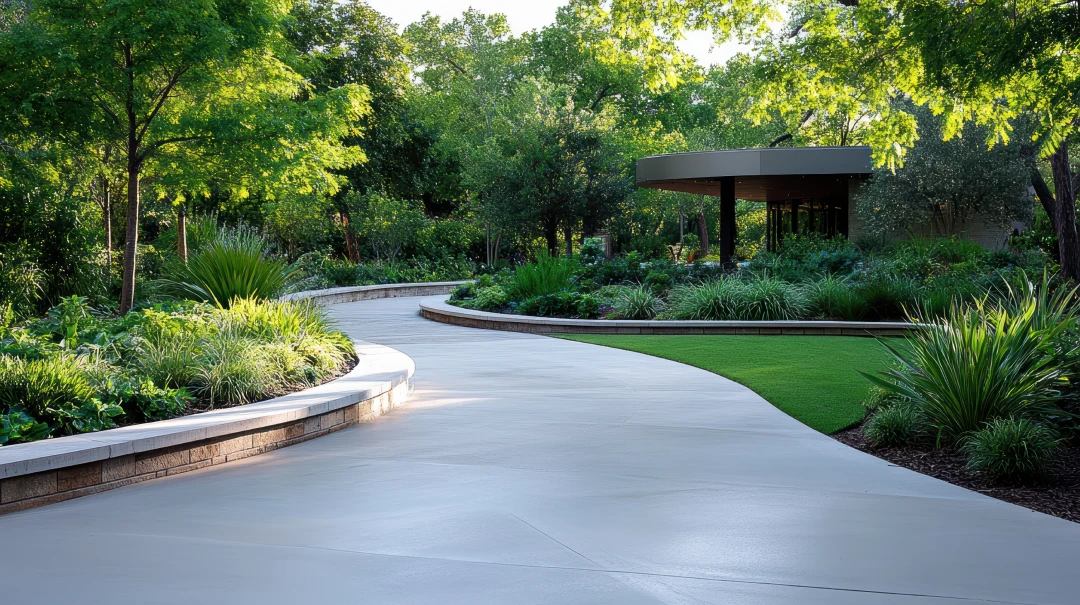 a walkway with a concrete path and trees in the background free photo 1